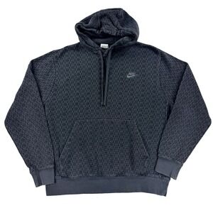 Mens Nike All Over Print Hoodie Gray Logo Pullover Sweatshirt Swoosh Sz Large